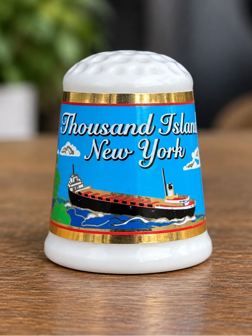 24K Gold & Brass Inlay~Thousand Islands New York Souvenir Porcelain Thimble
